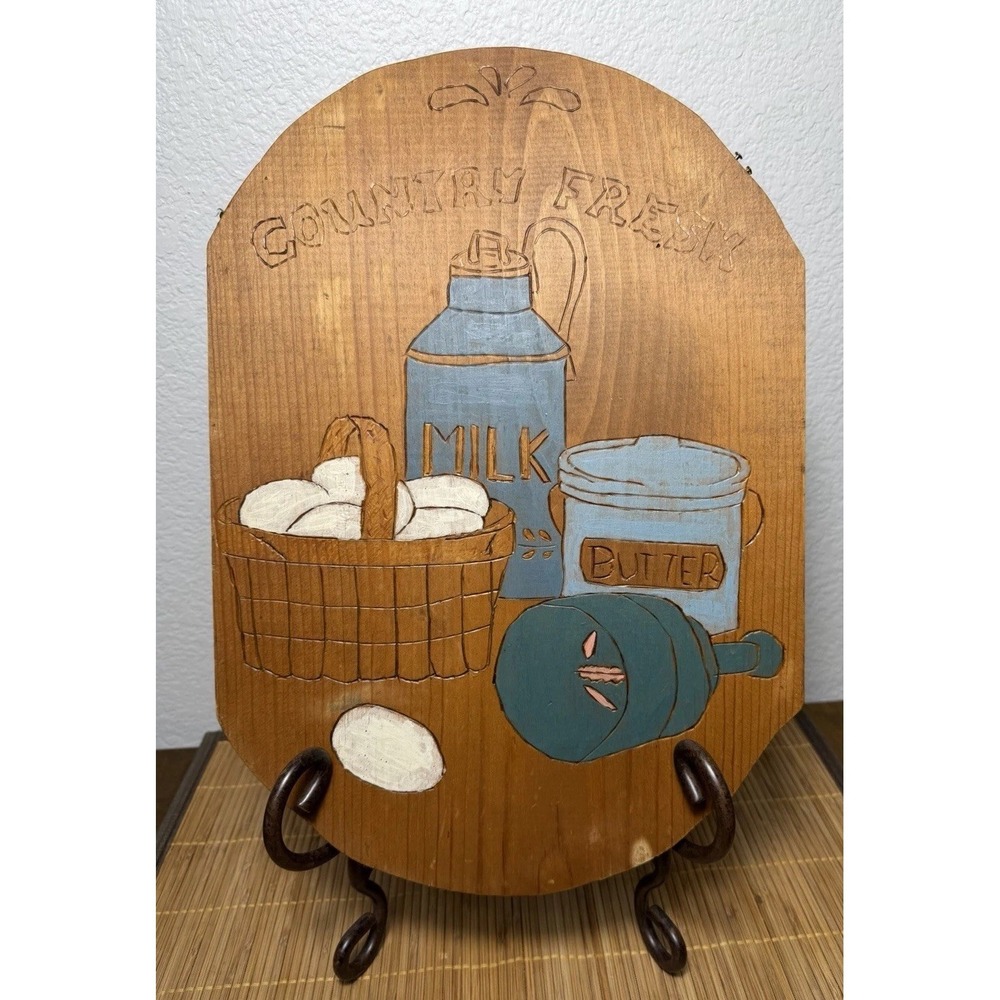 Vtg MCM Folk Art Grandma Country Wood Slab Milk Butter Handmade Wall Decor